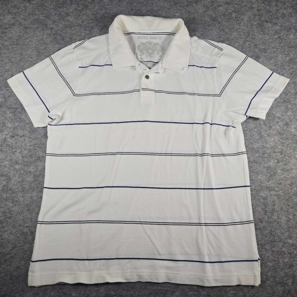 Y2k Nautica Mens White Jeans Co Striped Polo Shirt Medium